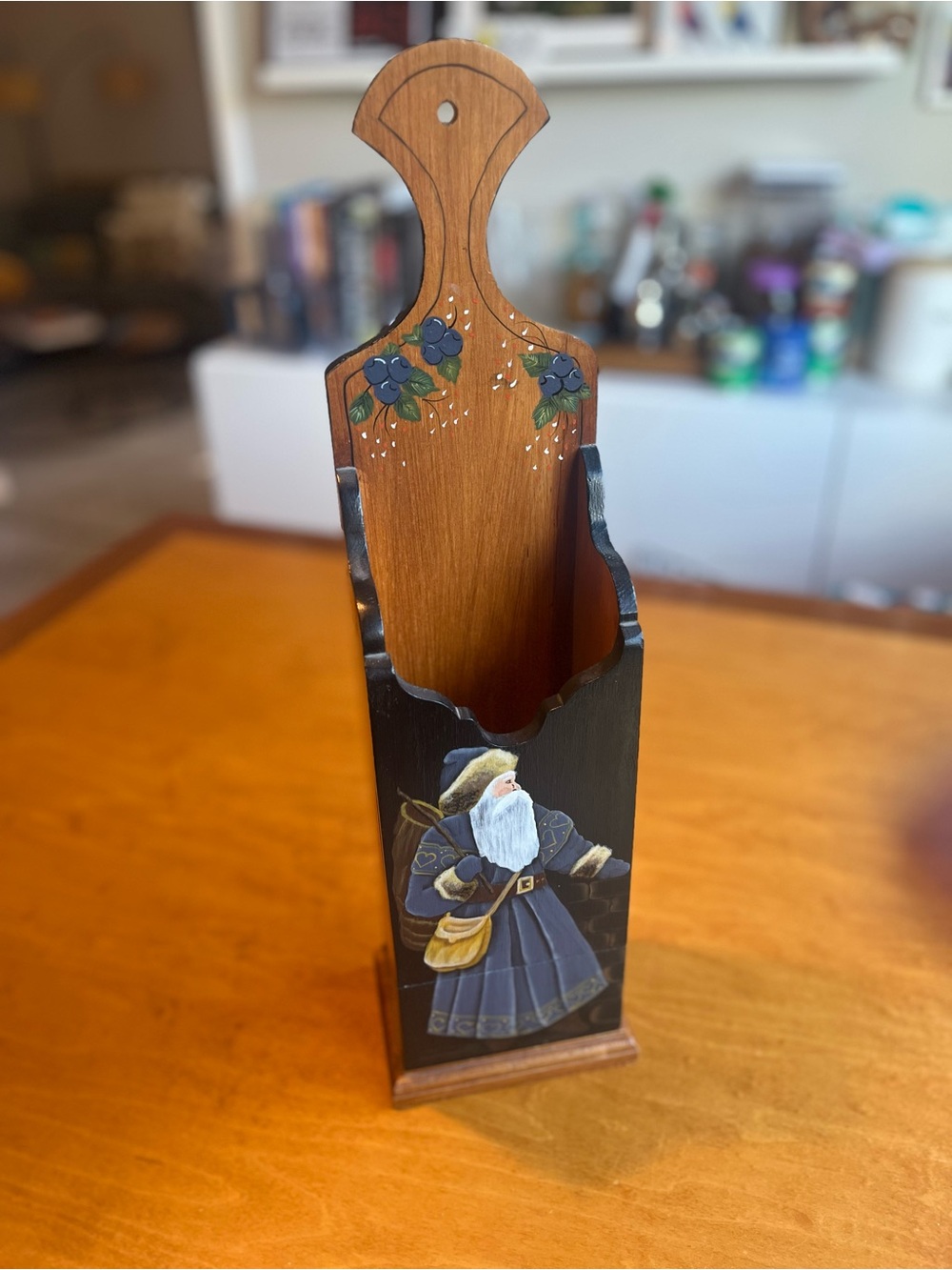 Vintage Hand-Painted Wooden Box  with Blue Floral Santa Design